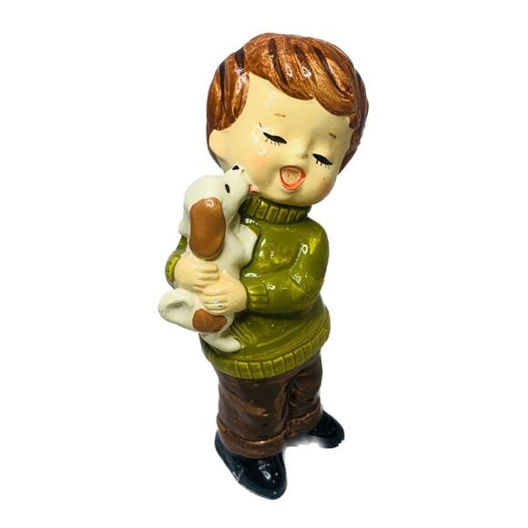 Made In Japan Figurine Boy with Dog MCM Green Shirt Brown Hair Pants Vintage - Picture 1 of 9